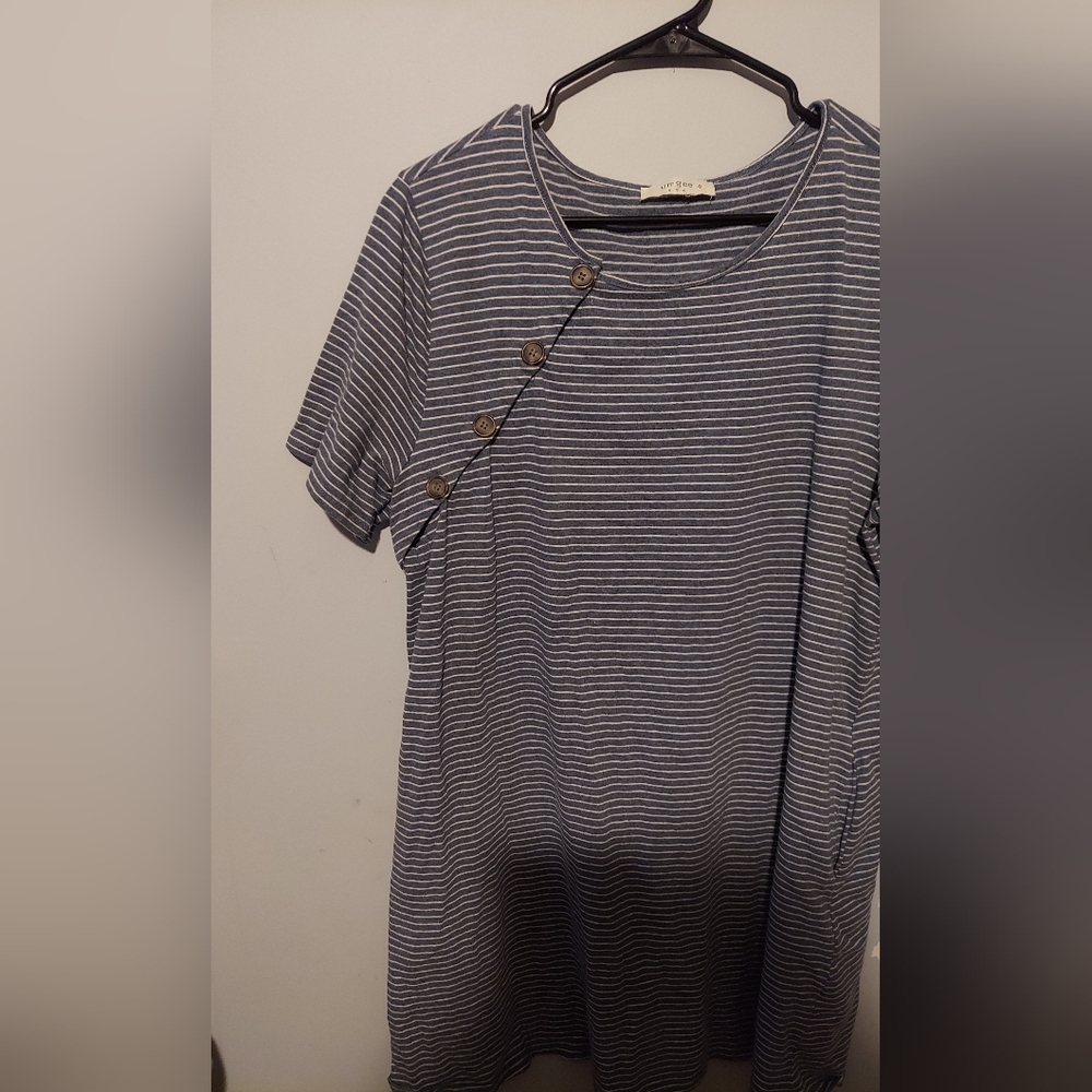 Umgee Dress Tunic Blue Gray Stripes Size 1XL Short Sleeve Nautical Boho Beachy